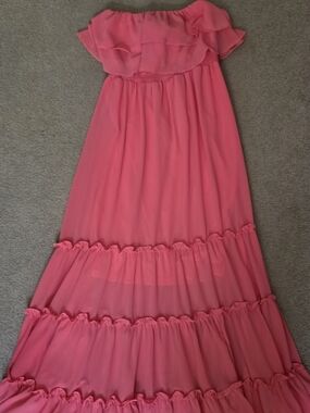Ruffled Strapless Maxi Dress in Bright Coral Pink
